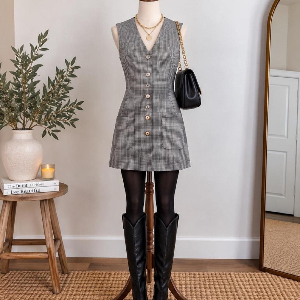 Vintage Center Stage Houndstooth Long Vest Tunic Mini Dress Size 12